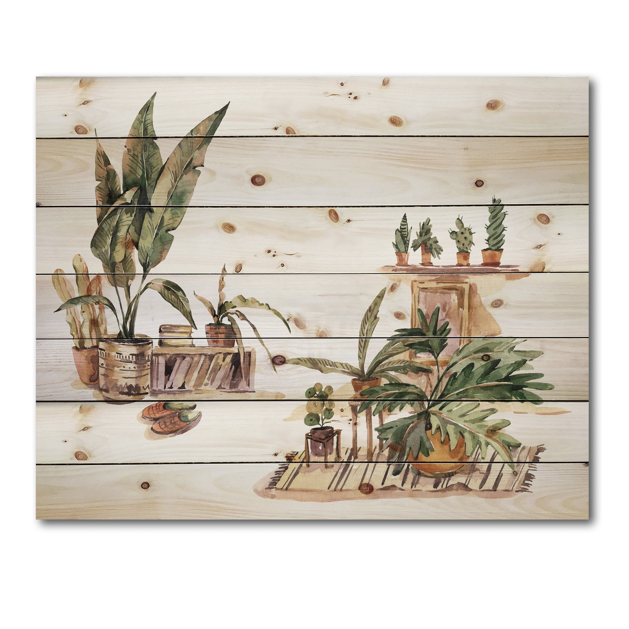 Designart 'Indoor House Plants Urban Jungle in Flowerpots III' Traditional Print on Natural Pine Wood
