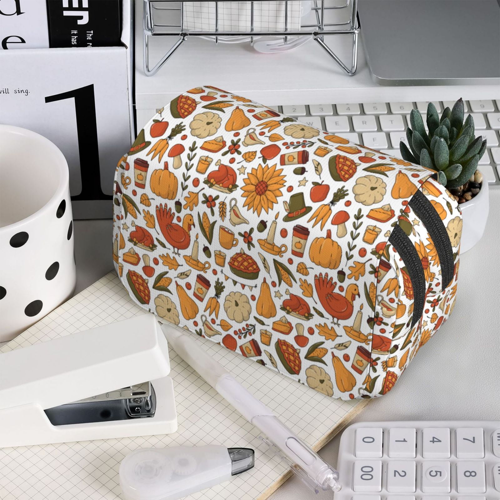 Rateoe Thanksgiving with Food Pattern Double Clamshell Pen Case, Storage Organizer with Two Zipper Compartments– Holds Up to 50 Pencils & Pens