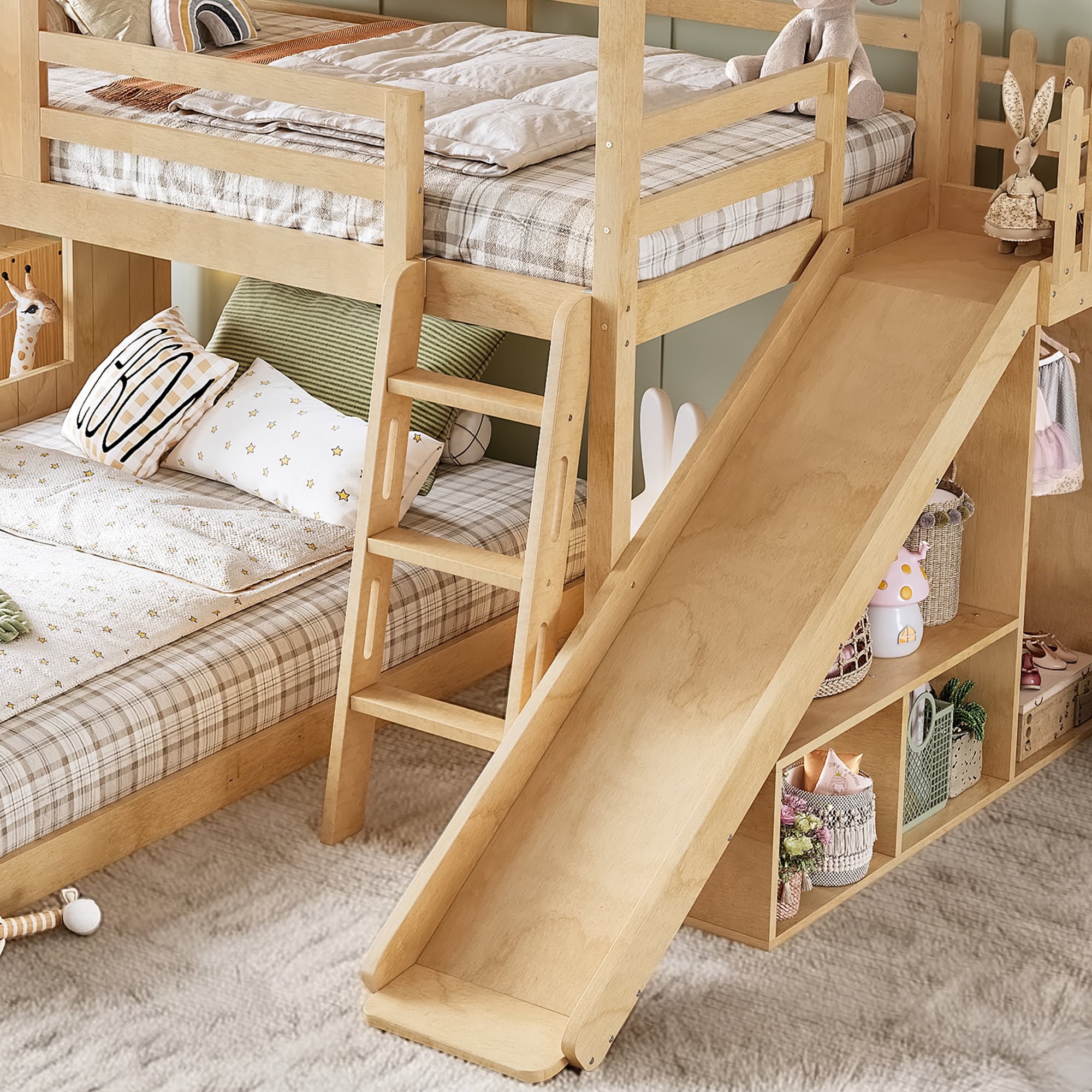 Twin over Full House Bunk Bed with Slide & Ladder, Wood Playhouse Bunk Bed with Storage Shelves & Wardrobe, Floor Bunk Bed for All Ages, Natural