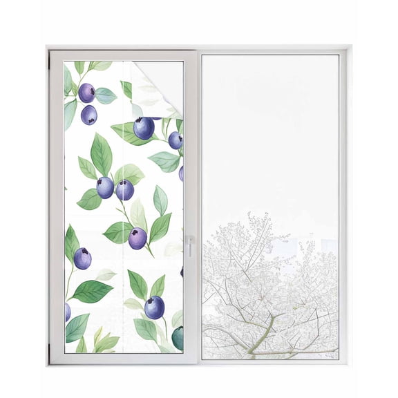 Window Privacy Film Blue Berry Stained Glass Window Film Decorative Sun Block Window Cover Summer Fruit Botanical Country Green Leaf Window Clings Static Adhesive Sticker for Bathroom 23.6"x59"