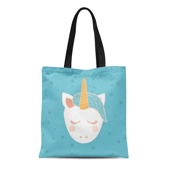 KDAGR Canvas Tote Bag Cute Colorful Front Face of Caricature Unicorn Pony Durable Reusable Shopping Shoulder Grocery Bag