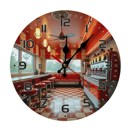 Retro Diner Wall Clock 10 Inch Silent Non Ticking Round Wooden Clock Decoration for Living Room Kitchen Bedroom Bathroom Office Classroom