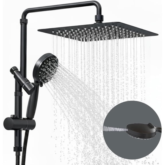 ROSYNEY 12 Inch Rain Shower Head with 8-Setting Handheld Spray Combo,Black Shower heads with Height Adjustable Shower Arm, Slide Bar with Holder, Stainless Steel Hose