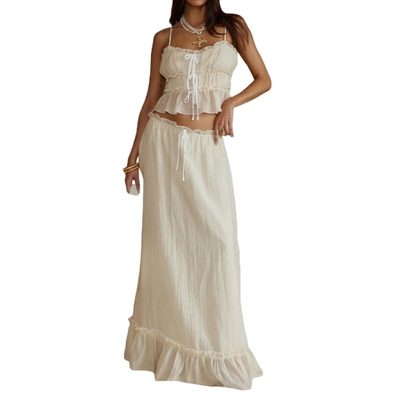 LMLYSoH Women's 2 Piece Skirt Outfits Sleeveless Ruffle Trim Camisole Long Tie Up Skirt Set