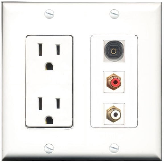 RiteAV - 15 Amp Power Outlet 1 Port RCA Red 1 Port RCA White 1 Port Toslink Decorative Wall Plate