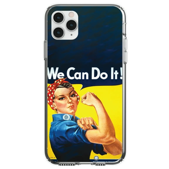 DistinctInk Clear Shockproof Hybrid Case for iPhone 11 (6.1" Screen) - TPU Bumper, Acrylic Back, Tempered Glass Screen Protector - Rosie the Riveter