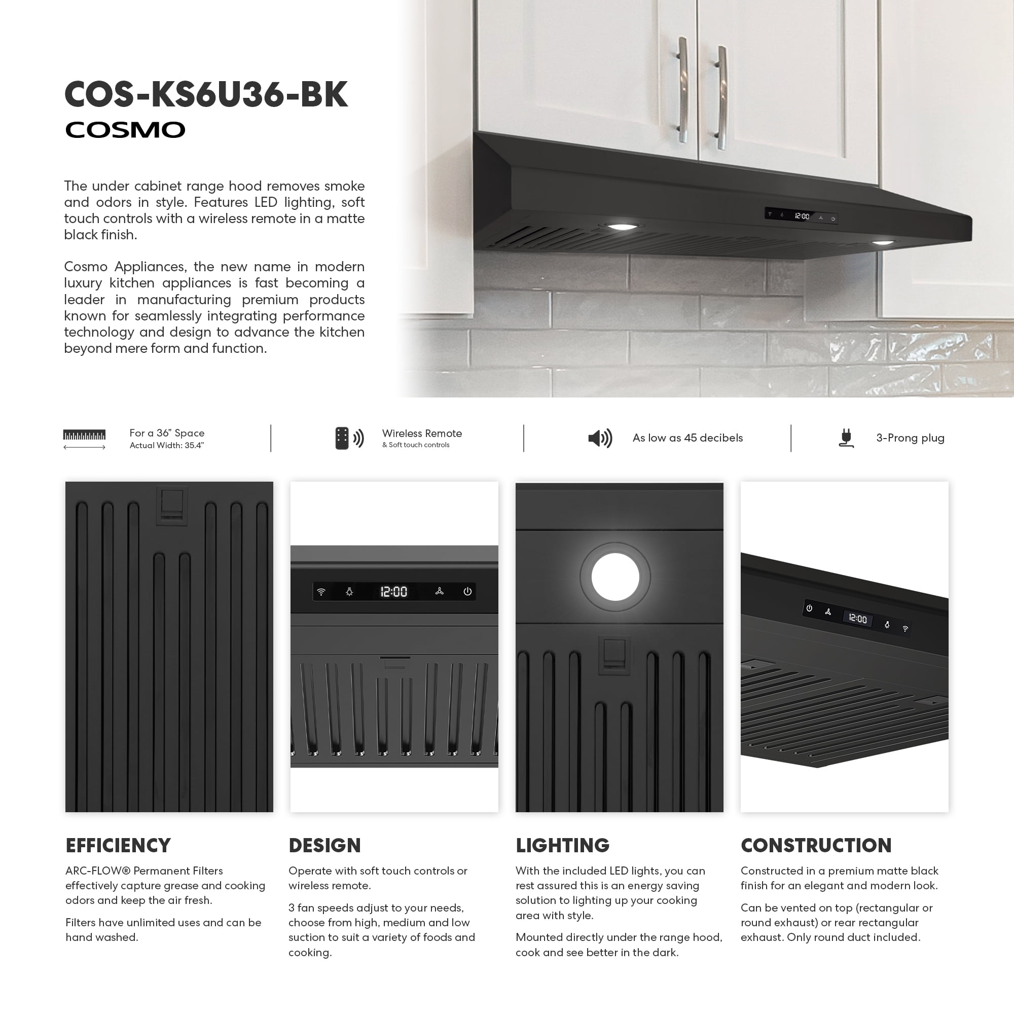 Cosmo 36 in. Haven Collection Ducted Under Cabinet Range Hood, Touch Controls, LED Lights in Matte Black