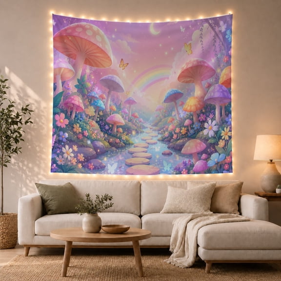 Oversized Mushrooms Along Glowing Stream Under Crescent Moon, Dreamy Fantasy for Mushroom Lovers, Mushroom Wall Decor, Housewarming Gift, Tapestry Wall Hanging for Bedroom and Dorm