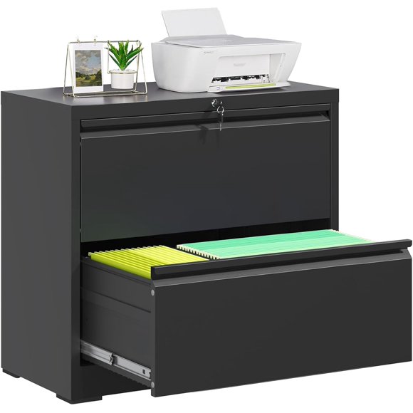 2 Drawer Lateral File Cabinet with Lock, Metal Filing Cabinet for Home Office, Printer Stand, Fits A4/Letter/Legal Size File Folders, Assembly Required (Black)