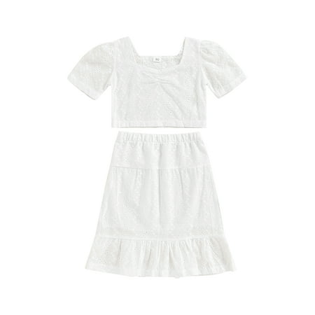

Yinyinxull 2Pcs Toddler Girls Clothes Short Puff Sleeve Square Neck Solid Color Crop Tops Elastic Waist Long Skirt White 2-3 Years
