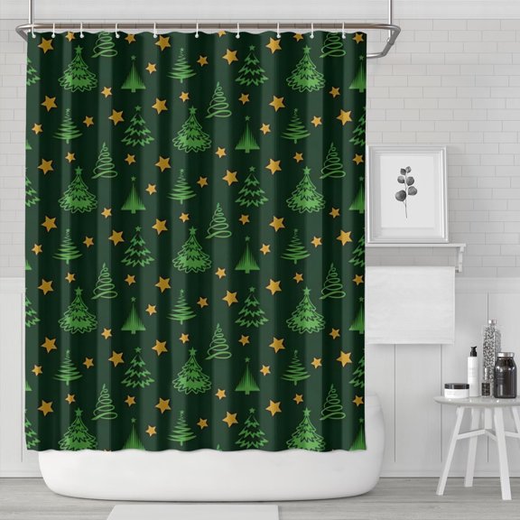 Dark Green Christmas Tree and Star Pattern Shower Curtain 84"x72" ,Bathroom Decorative Shower Curtains Set with 12 Hooks,Modern Waterproof Washable Shower Curtain