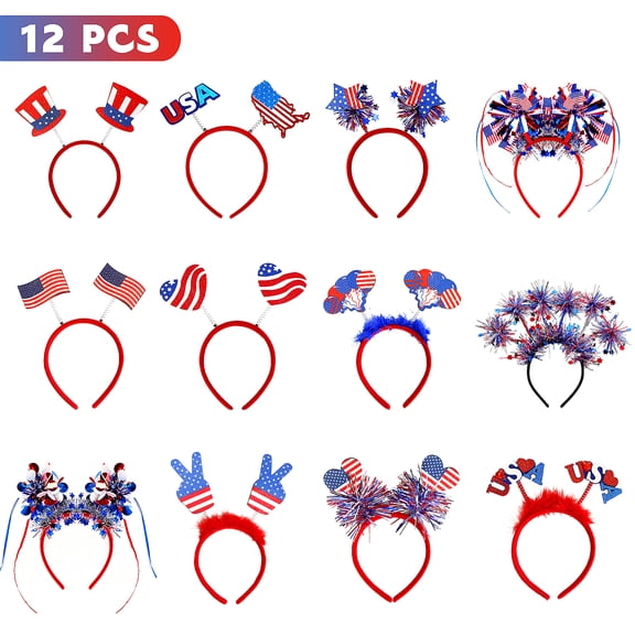 Amaopus 12 Pcs 4th of July Headband, Patriotic Head Boppers Headbands, Independence Day Parade Decoration Accessories and Supplies for Patriotic Parade Party Favor