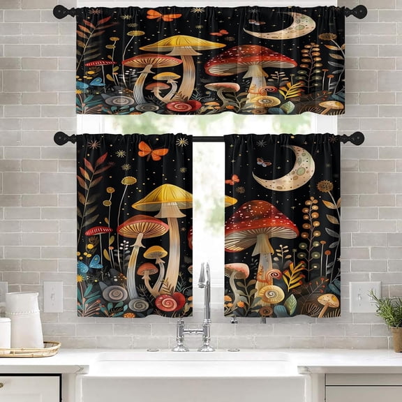 Window Valance for Windows, 52x39 Inch, 3 Pack, Mushroom | Starry Night Moon Aesthetic Black Rod Pocket Cafe Curtain Drapes for Living Room Bedroom Bathroom Kitchen Over Sink Decor