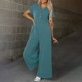 thumbnail image 4 of Summer Romper for Women Women Striped Jumpsuits Loose Casual Short Sleeve Button Front Wide Leg Long Pant Romper with Pockets Short Rompers for Women 2025 Light Blue M, 4 of 8