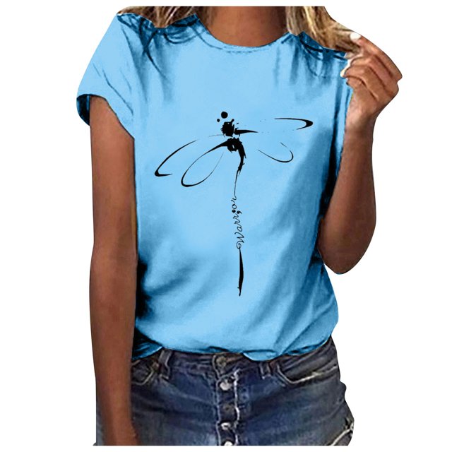 Fgnfyis Hauts pour Femmes T-Shirt Décontracté à Lettres Col Rond Manches Courtes Tunique T-Shirts pour Femmes Bleu Ciel P