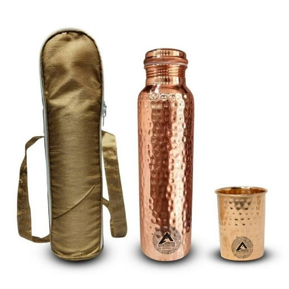 Set of 3 Pieces Hammered Pure Copper Bottle 950 ml, 1 Tumbler Glass(300ml) With Dupion Carry Bag For Ayurveda Health Benefits