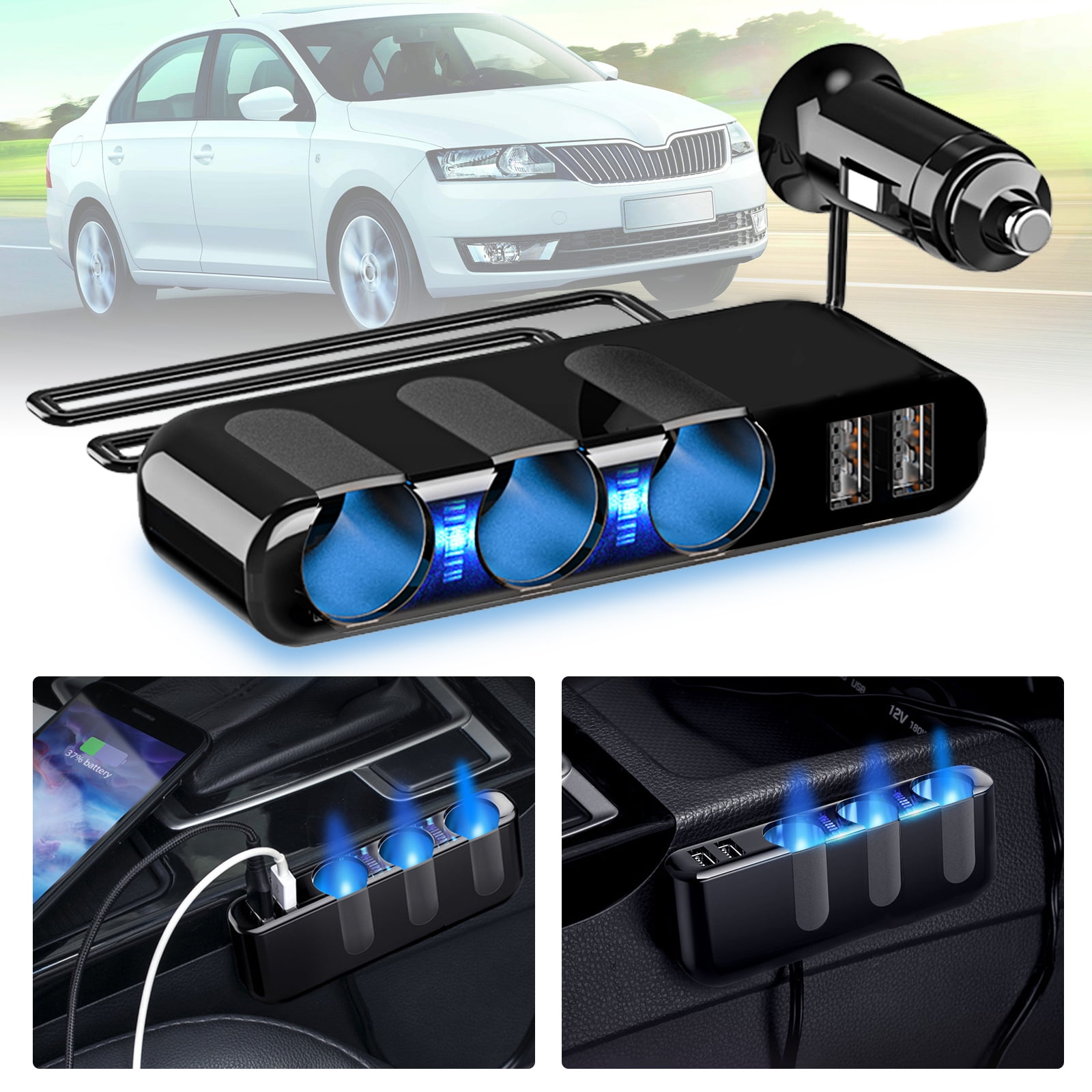 120W 3 Socket Cigarette Lighter Splitter, EEEkit Dual USB Cigarette
