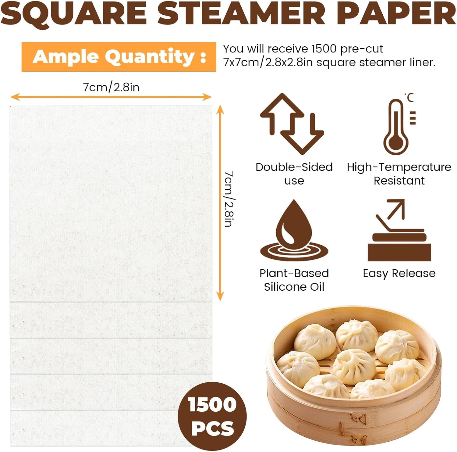 JJEAN-1500 Pack Small 2.8in Bamboo Steamer Paper Liner for Bun Dumpling Non-Stick, Square Parchment Paper Sheets for Oven Air Fryer Baking Bread Cookie Cake
