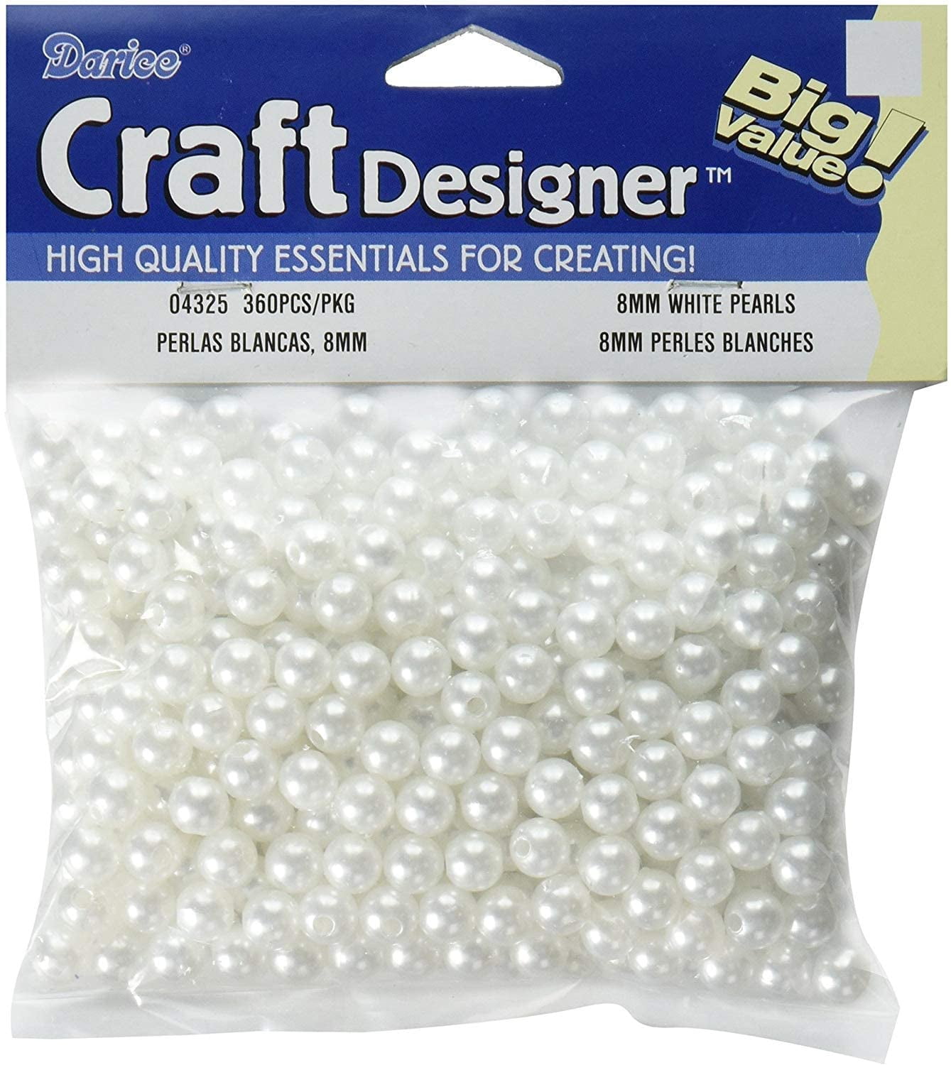 Darice Round Pearl 8mm, 360Pieces White Pearlescent Plastic Crafts
