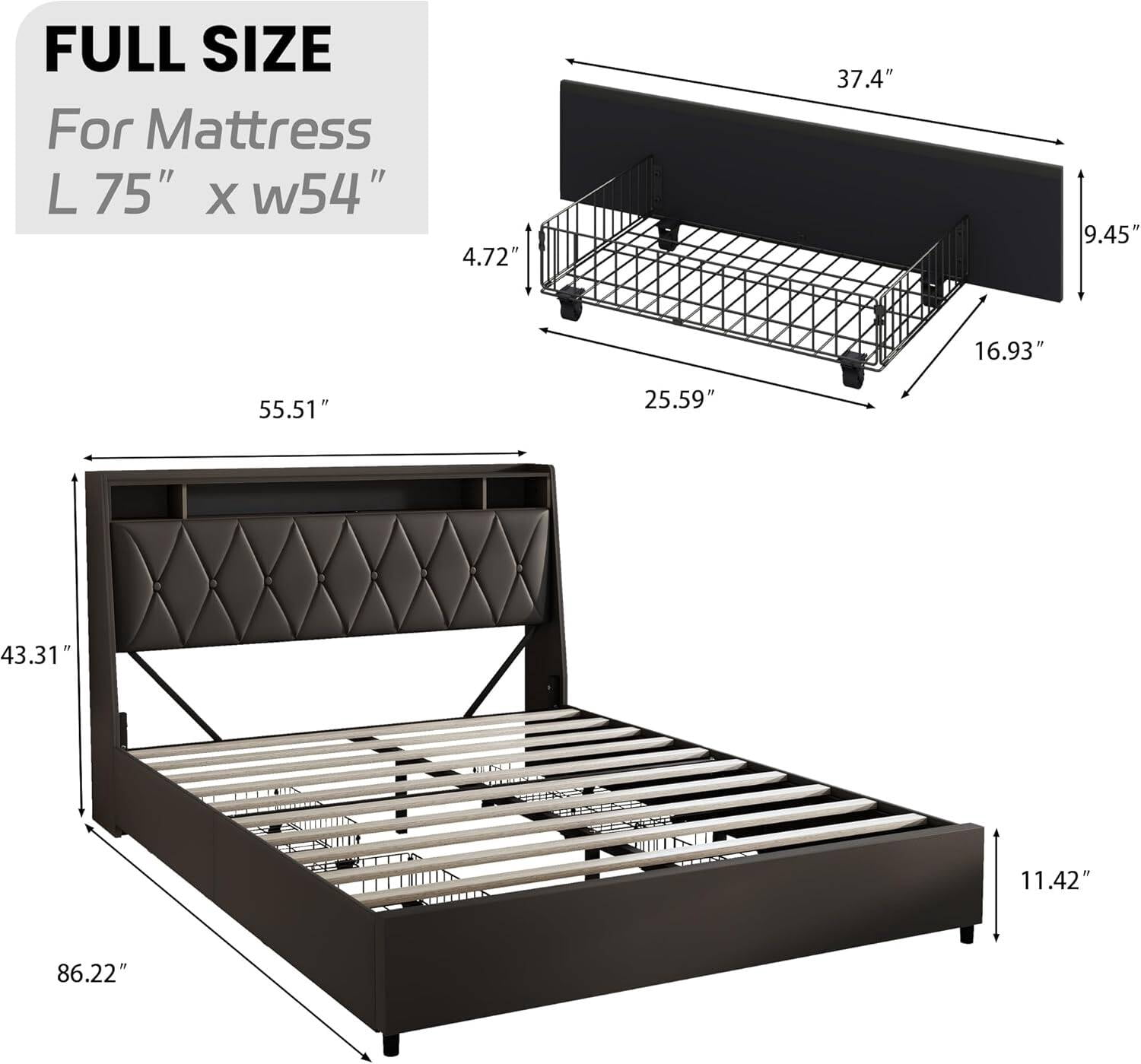 Nathaniel Home Full Platform Bed Frame Full Size Ergonomic Headboard Storage Shelf Outlets and Charger