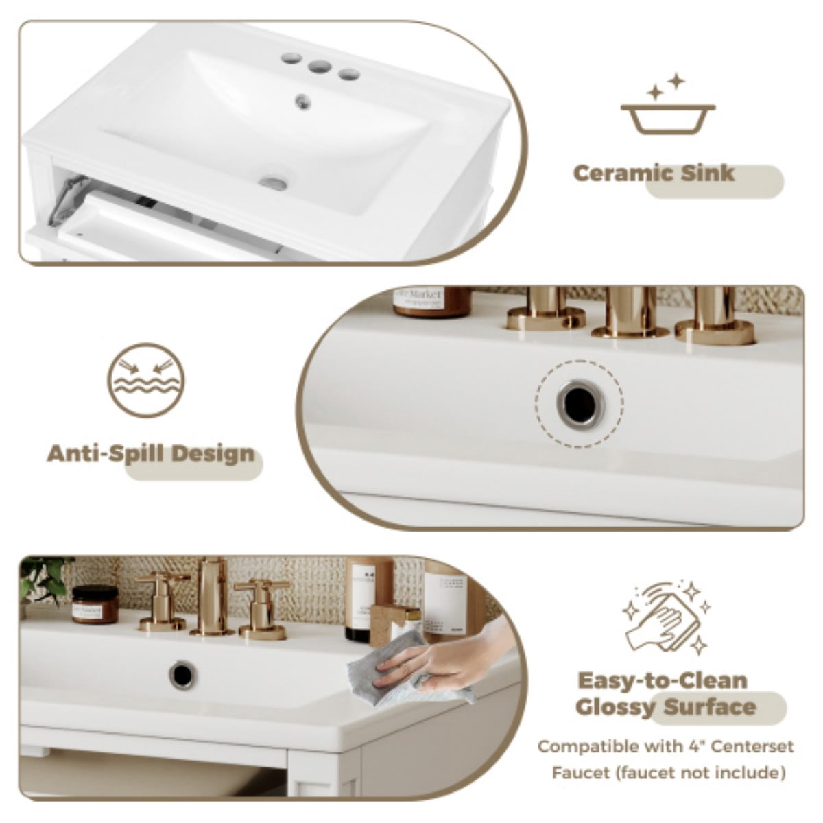 24" Bathroom Vanity with Sink, Modern Freestanding Bathroom Vanity Cabinet with Ceramic Sink, 3 Drawers & Tip-Out Drawer, Adjustable Shelf, Green Storage Cabinet, White