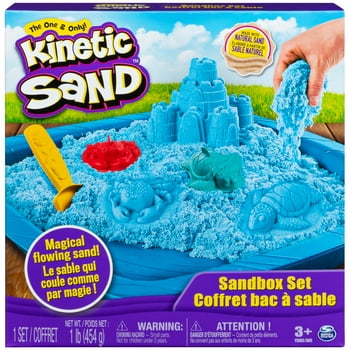 Kinetic Sand, Sandbox Set Kids Toy with 1lb All-Natural Blue Kinetic Sand and 3 Molds, Sensory Toys for Kids Ages 3 and up