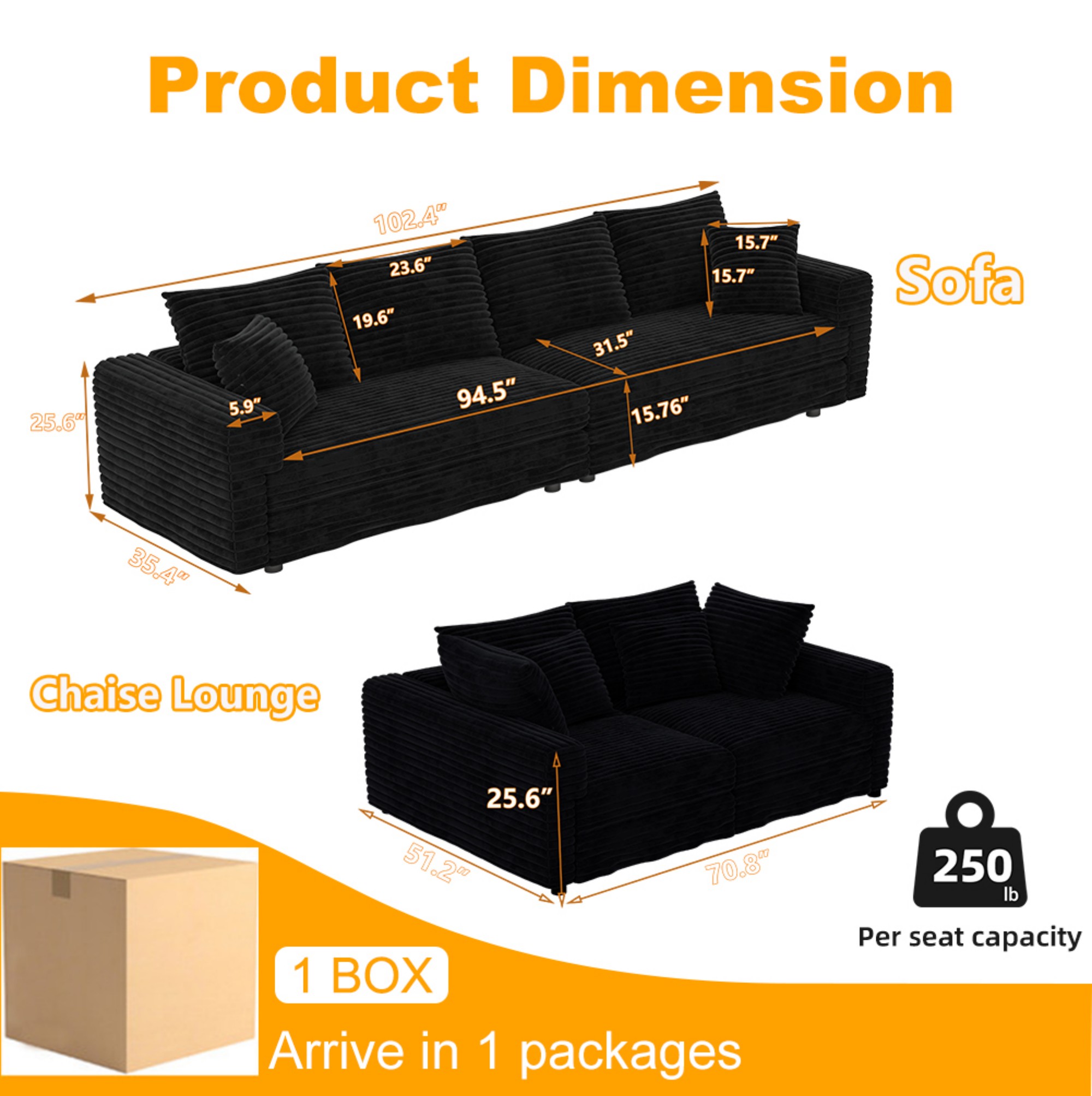 102.4 " Modern Sectional Sofa Couch,Convertible Sofa Plush Corduroy 4-Seat Upholstered Sofa with Soft Pillows for Living Room Bedroom,Black