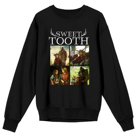 Sweet Tooth Four Square Collage Crew Neck Long Sleeve Black Adult Sweatshirt-XXL