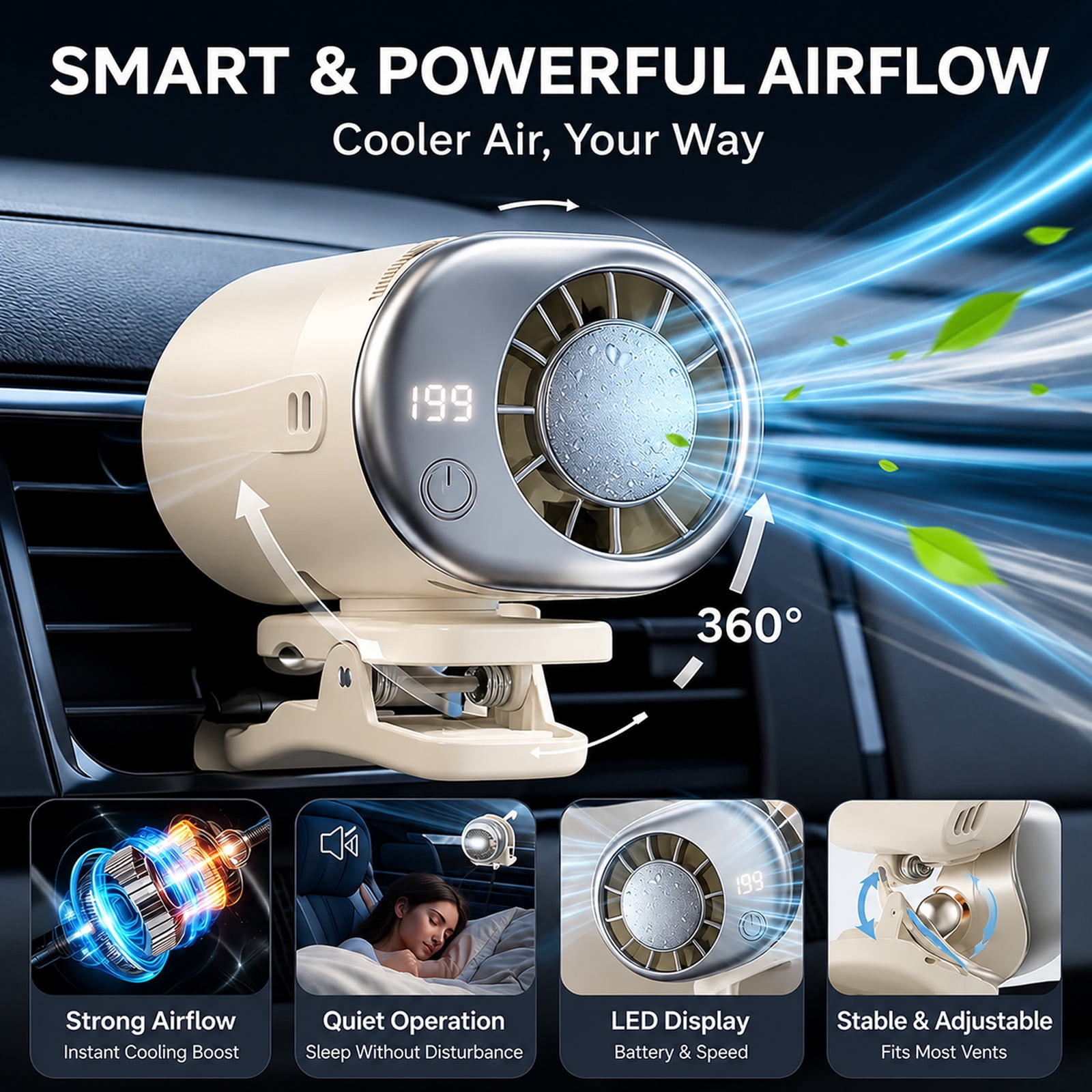 LC-dolida Silent Clip on Fan, Car Fan with Semi-refrigerated & LED Display, 2000mAh Long Battery 199 Speeds Adjustable, 360° Rotation for Car Desk Backseat Travel Camping Stroller Use (White)