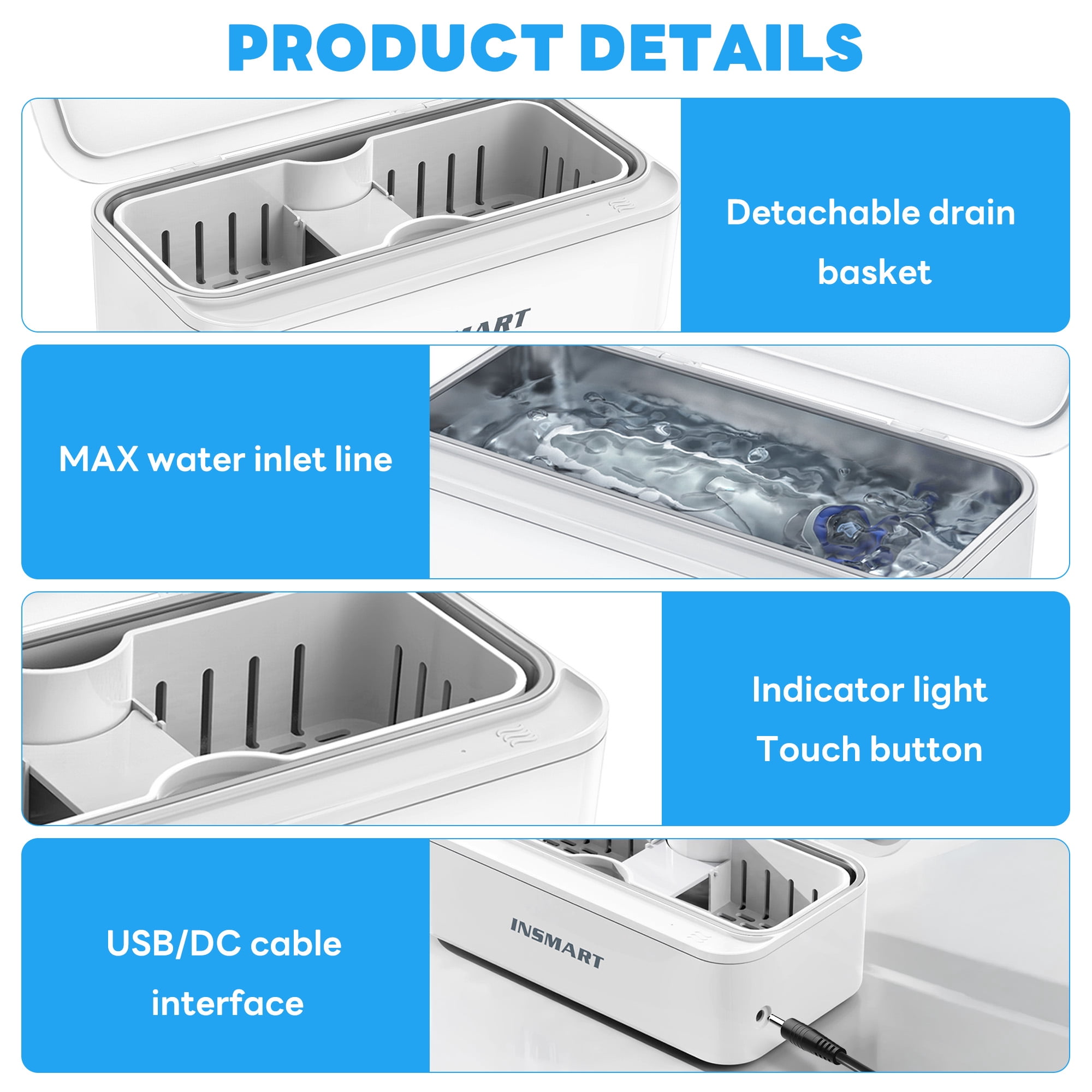 INSMART Ultrasonic Jewelry Cleaner, 45kHz Gentle 360° Cleaning with 450ml Stainless Steel Tank, Quiet & Portable for Jewelry, Glasses, Retainer, Dentures