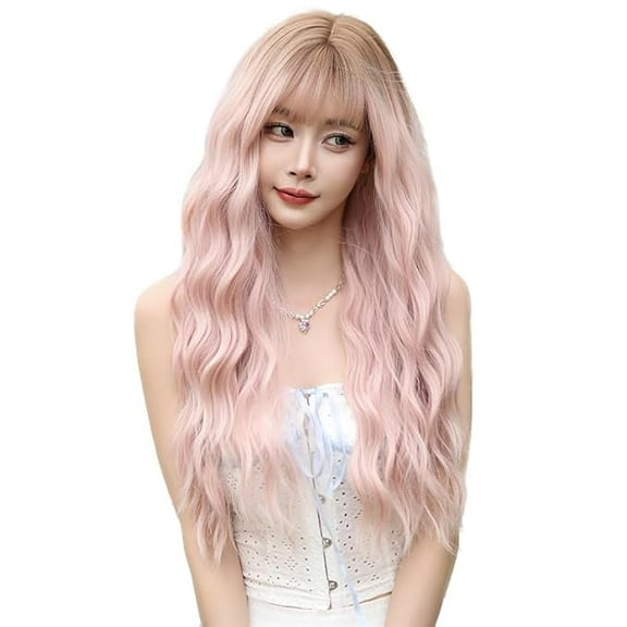 Long Ombre Pink Curly Wigs for Women 26 inch Long Wavy Wigs with Bangs, Upgraded Protein Fiber Hair Replacement Wig Cosplay Costume Halloween Party Wig, Ombre Pink