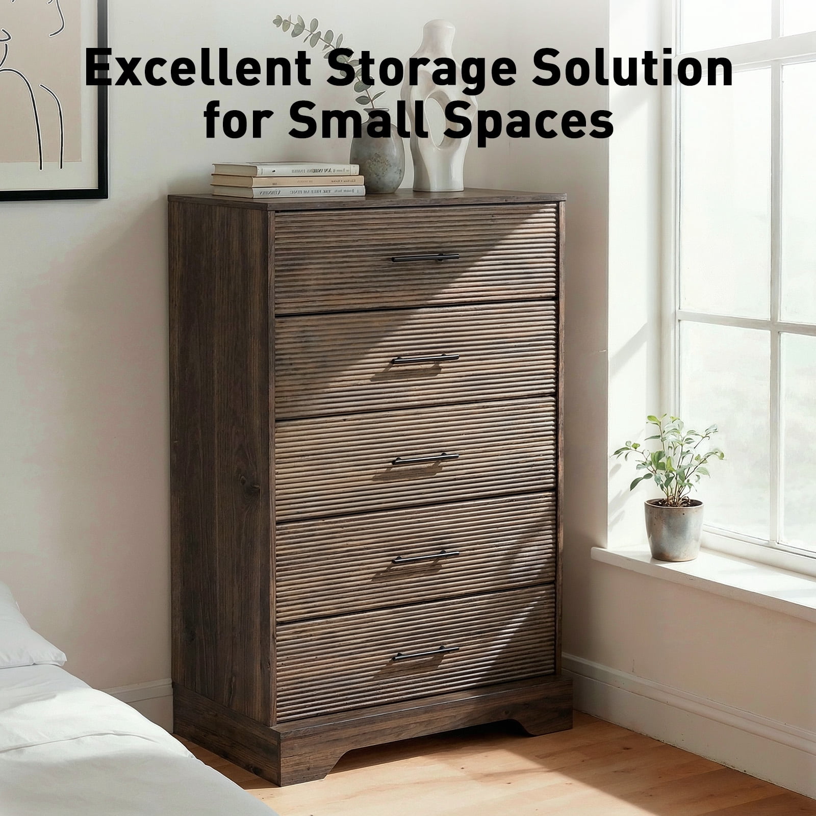 CHITOOMA 5 Drawer Dresser Wooden, Fluted Tall Dresser for Bedroom, Chest of Drawers for Living Room Hallway, Walnut