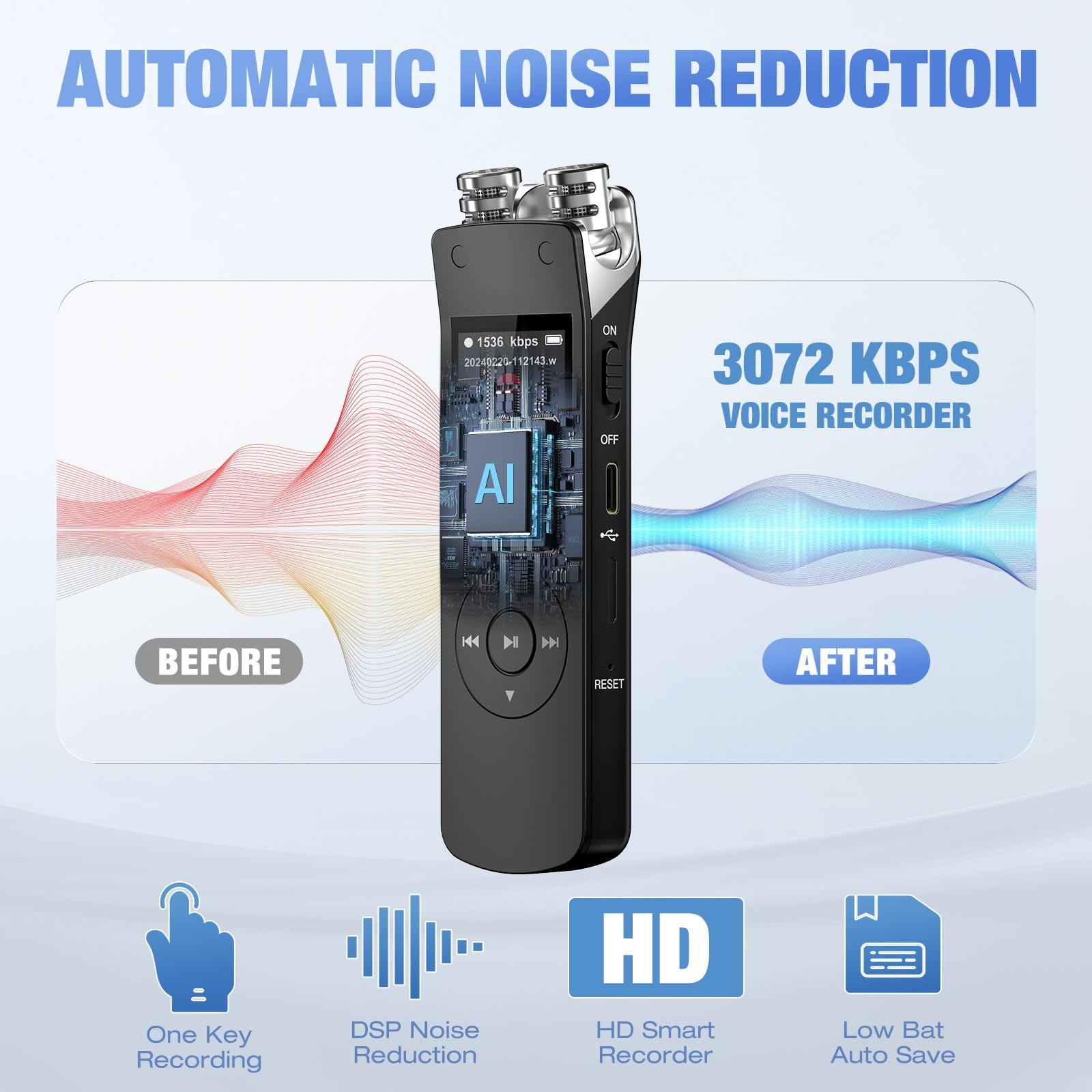 LC-dolida 32GB Digital Voice Recorder, Voice Activated Recorder with Playback, 3072kbps Audio Recorder Dictaphone for Meetings Interviews, HD Recording, Variable Speed, A-B Repeat, Large Screen