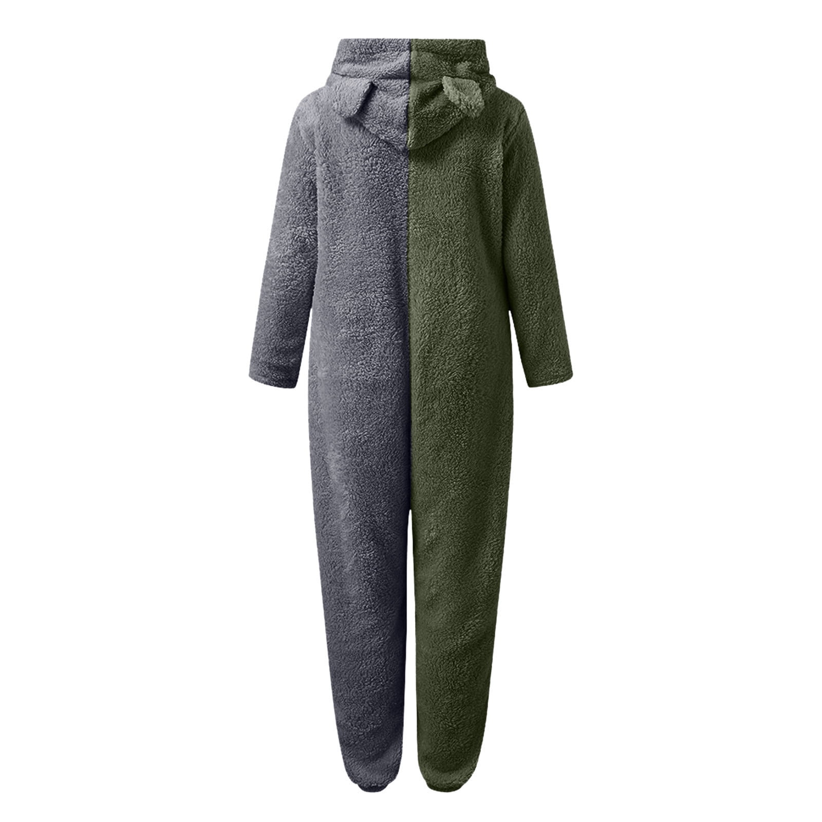 JURANMO Womens Winter Warm Hooded Fleece Sherpa Jumpsuits,2024 Women Long Sleeve Trendy Contrast Color Patchwork Full Zip Jumpsuit Pajamas with Two Cute Ears Casual Plus Size Rompe Sleepwear