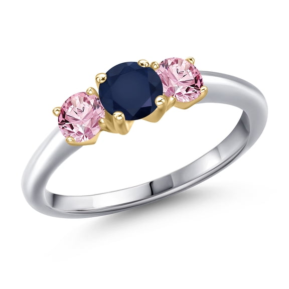 Gem Stone King 10K Two Tone Gold Blue Sapphire and Pink Lab Grown Diamond Engagement Ring for Women | 1.10 Cttw | Round 5MM | Gemstone September Birthstone | Size 9