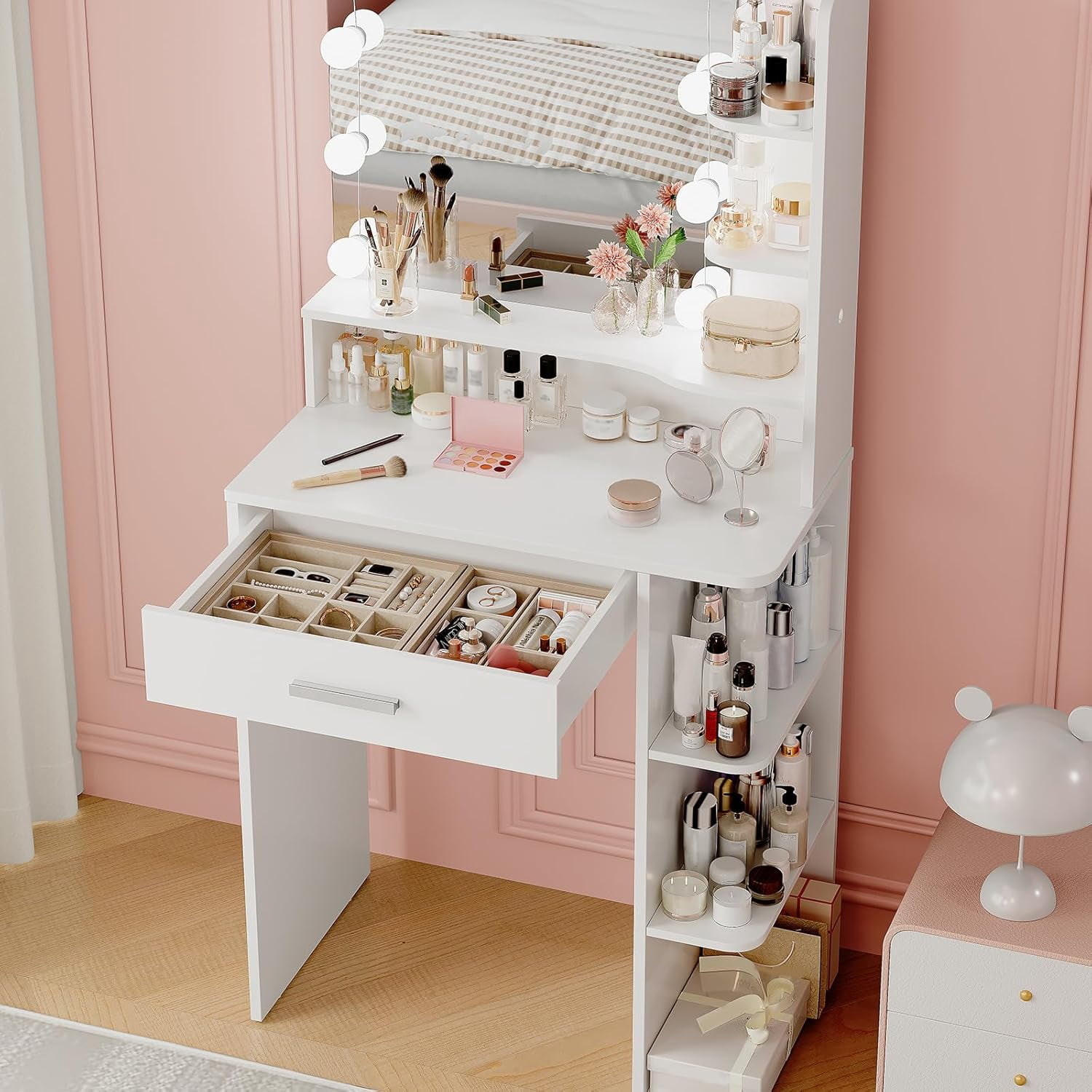 Vanity Desk with Mirror and Lights, Akaber 26.4" Makeup Vanity with Large Drawer, 6 Storage Levels, Small White Vanity Desk with Large LED Mirror
