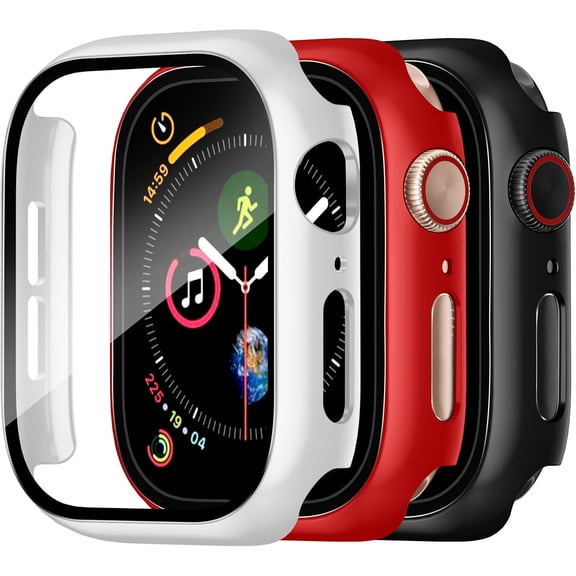 3‑Piece Slim Full‑Defense iWatch Protective Case Set | Fits Apple Watch Series 3,2,1 38mm, Hard Shell With Embedded Tempered Glass, Anti‑Scratch Cover, Black White Red