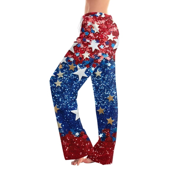 Women's Independence Day Pants Patriotic USA Flag Print Wide Leg Pants Elastic High Waist Classic Fit Casual Soft Trousers, #01 Royal Blue, 3XL