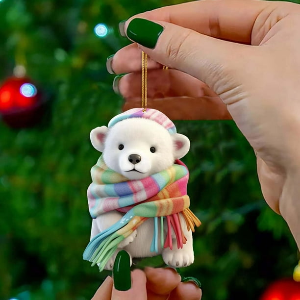 Lindo colgante de oso acrílico con bufanda, divertido oso, decoración navideña
