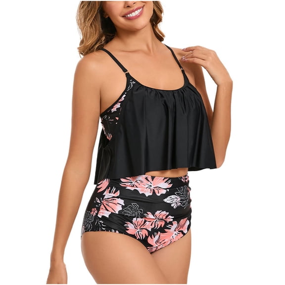 WREESH Women's Ruffled Tankini Swimsuits 2025 - High Waisted Tummy Control Swim Top & Bottom Set Summer Modest Swimwear Black
