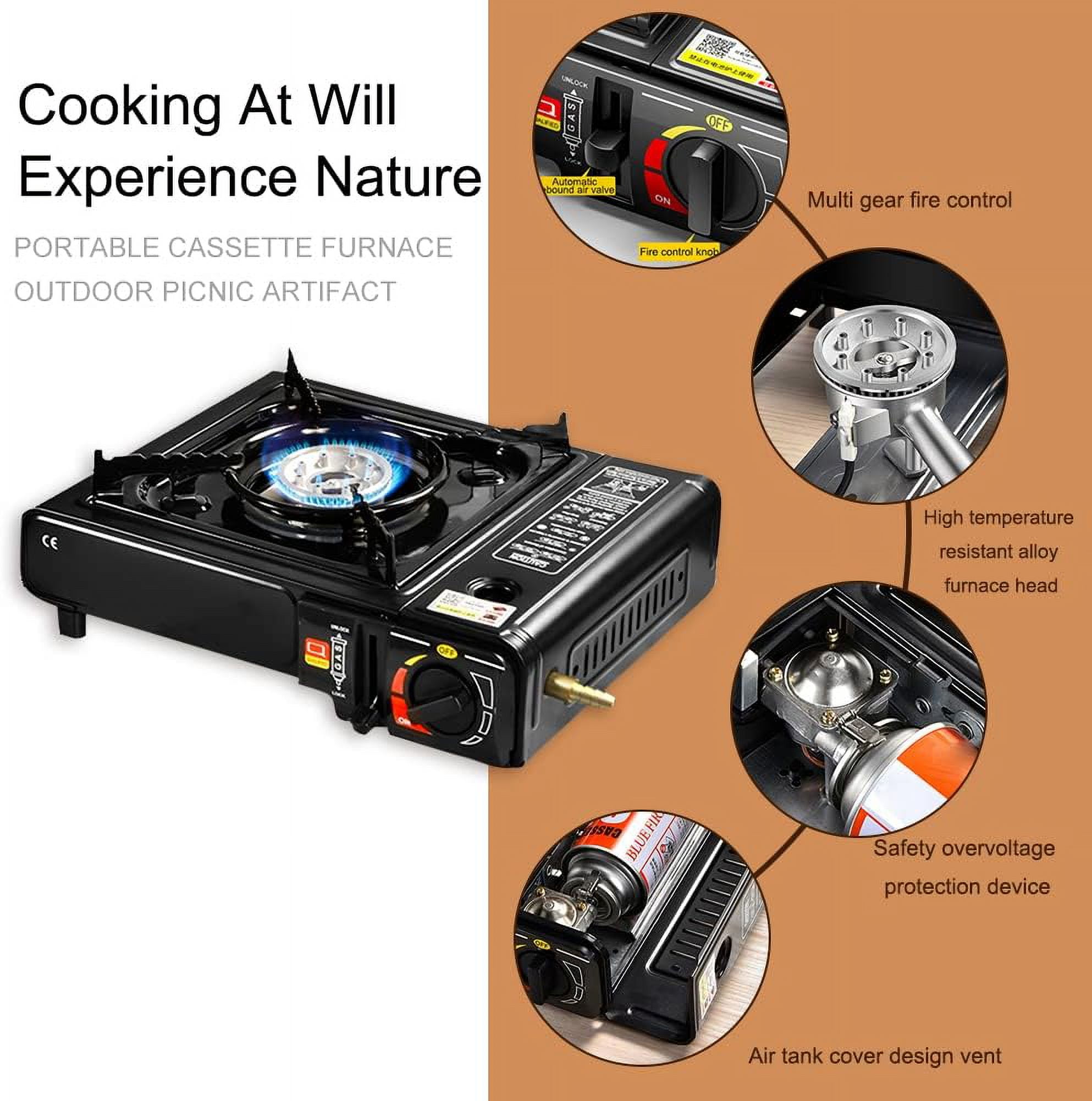Portable Camping Gas Stove With Carrying Case, 2900W Compact Outdoor Gas Stove - Dual Use - Internal Portable Gas Cartridges Or External Gas Bottle