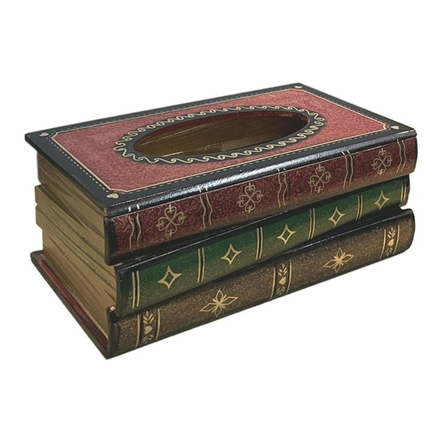 BINGLI Crafted Classical Retro Wooden Antique Book Tissue Box Cover Rectangular Tissue Holder Dispenser Paper Cover Case Napkin Holder Home Decor for Bathroom Living Room Office car Kitchen Red-A