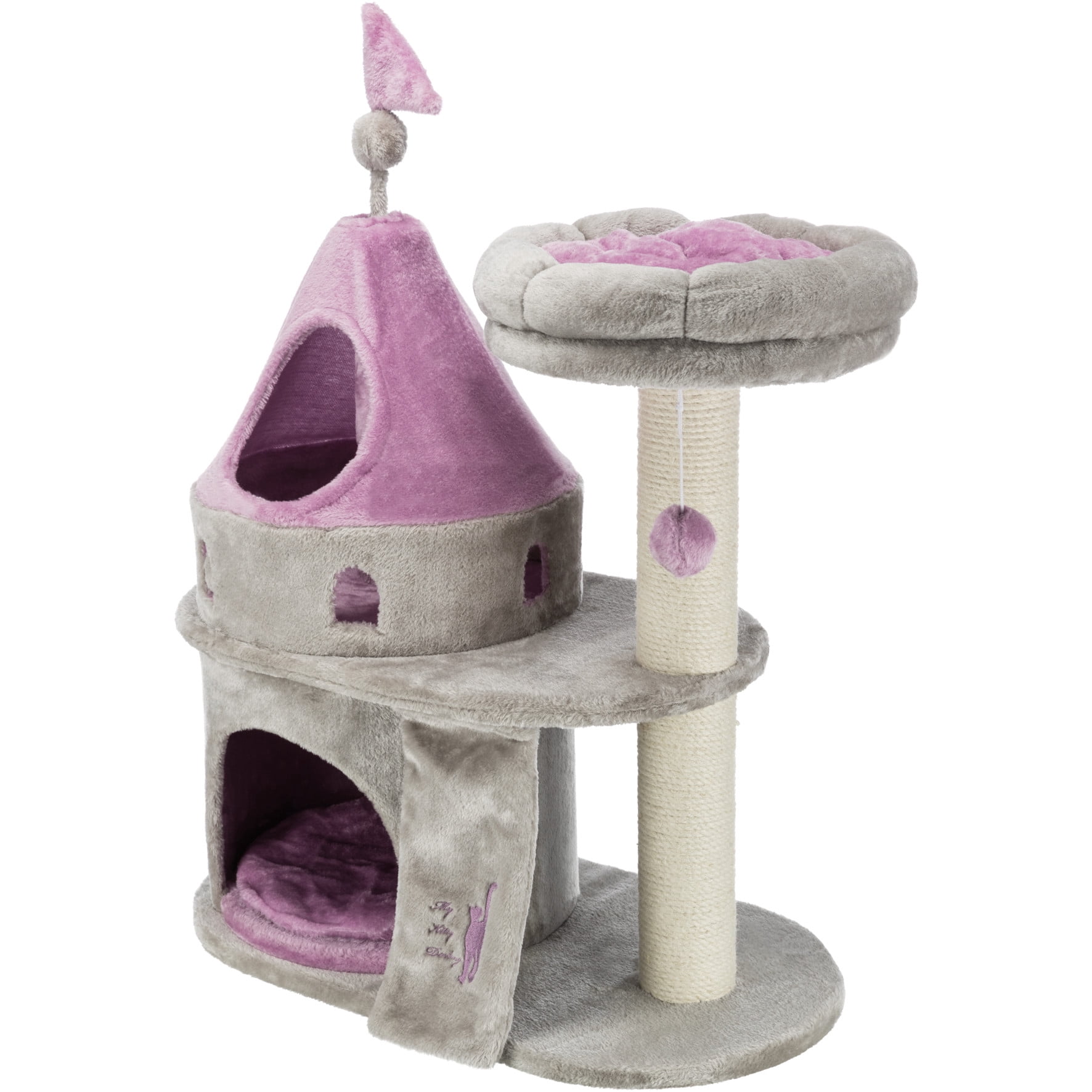 TRIXIE My Kitty Castle Plush 35.5" Cat Tree, Sisal Scratching Posts, Rustling Fabric, Gray