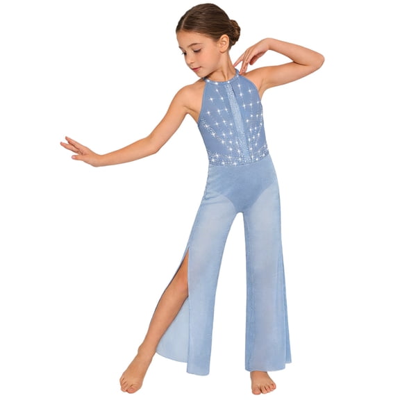Sholeno Kids Girls Lyrical Latin Jazz Dance Jumpsuit Shiny Dance Romper Gymnastics Leotard Wide Leg Bodysuit Dusty Blue 6
