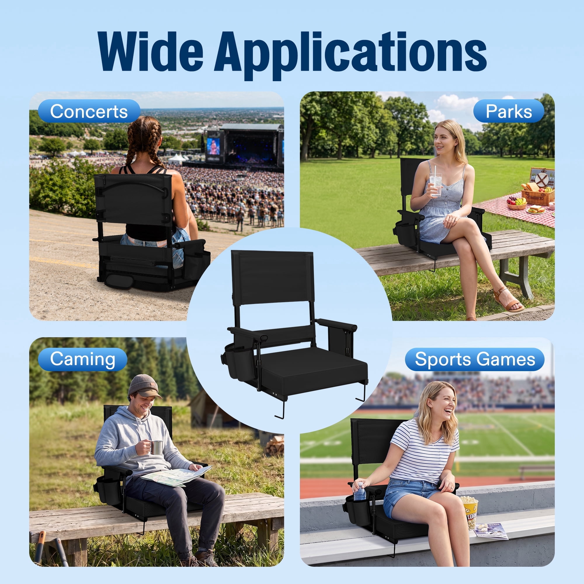 Portable Stadium Seat for Bleachers, Folding Bleacher Chair with Cup Holder,Black,1 Pack