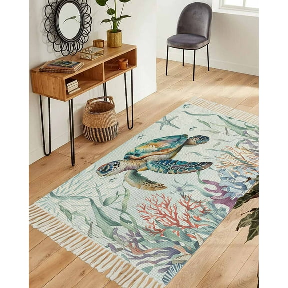 Sea Turtle Coastal Area Rug 3x5ft Woven Runner Rug,Summer Beach Coral Ocean Seaweed Washable Living Room Hallway Bedroom Kitchen Carpet with Tassels,Indoor Outdoor Throw Door Mat for Entryway