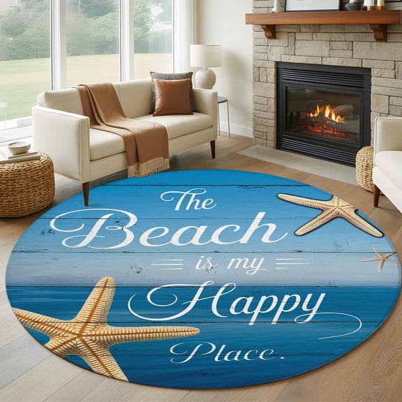 Round Area Rugs Collection 6 Ft, Coastal Starfish Non-Slip Residential Carpet, Nautical Marine Life Blue Wooden Grain Indoor Crawling Mats Runner Rugs for Living Room/Dining Room/Bedroom