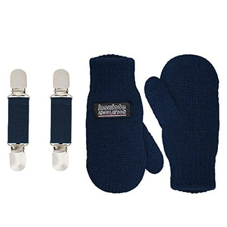 SANREMO Unisex Kids Toddler Knitted Fleece Lined Warm Winter Mittens and Mitten Clips Set (1-3 Years, Navy)