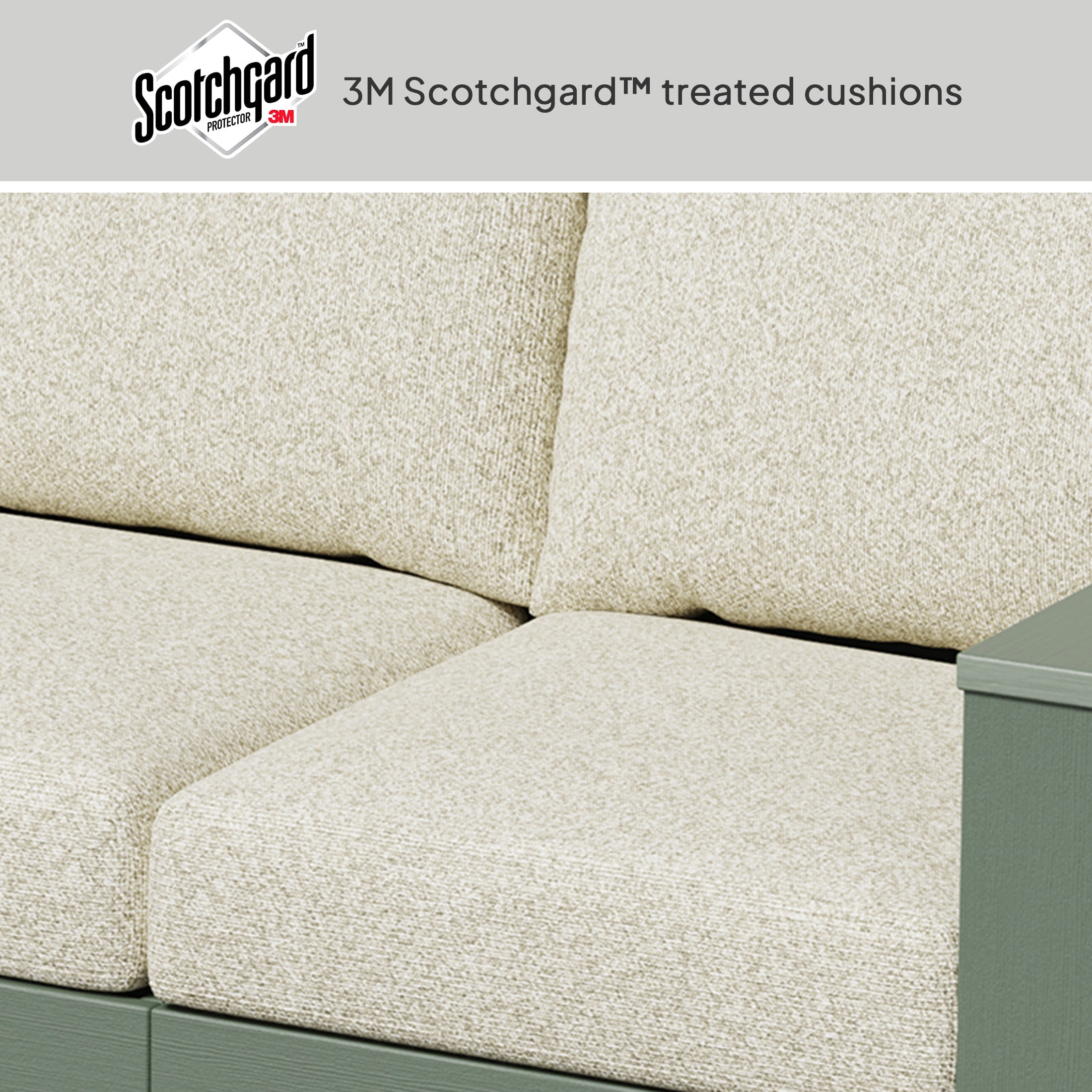 Better Homes & Gardens Ezra Outdoor HDPE Sofa, Green with Cream Boucle Cushions