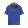 thumbnail image 5 of Women's Short Sleeve Shirts with Denim Collar Cuffs Buttons Decor V-Neck Tops Dressy Casual Office Outfits Blue L, 5 of 5